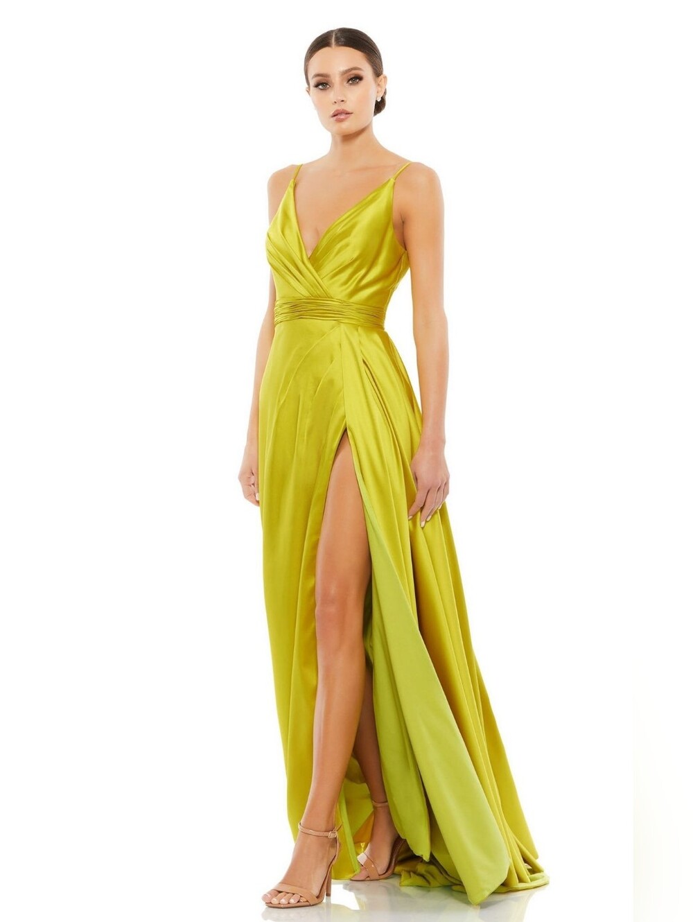NWT Mac Duggal Satin V-Neck Gown in Chartreuse Style#12443 Size 2
